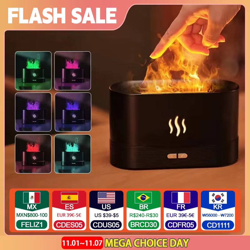 Flame Aroma Humidifier – Ultrasonic Essential Oil Diffuser with Color-Changing LED Light